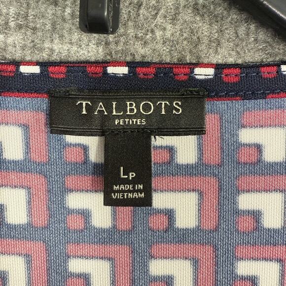 Talbots Petite Large Faux Wrap Dress Blue Red White Geometric Stripe 3/4 Sleeve - Picture 3 of 5
